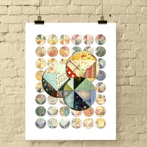 May include: A white background with a grid of 36 colorful patchwork fabric circles. Two larger circles are in the center, overlapping each other. The circles are arranged in a grid pattern. The text "BOTTLE CAP GURU" is at the bottom of the image.