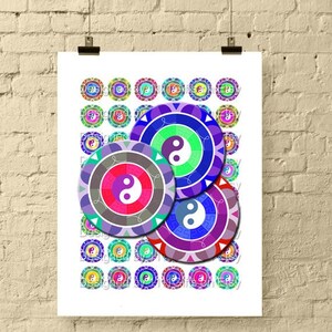 Yin Yang Mandala Colorful 1 Inch Round Digital Collage Sheet for Jewelry, Scrapbooks and Crafts Printable Instant Download image 1