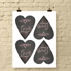 Heart-Shaped Love Slates in Chalk / Digital Collage Sheet for Gift Tags, Valentine&#39;s Day Cards, Scrapbooks / Valentine Printables / Download