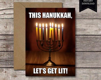 Printable Funny Card / This Hanukkah, Let's Get Lit! / Chanukah Hannukah Party Alcohol Drunk Wine Weed Humor Jewish Menorah DIGITAL DOWNLOAD