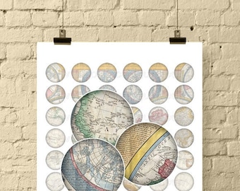 VINTAGE MAP of the World / Digital Collage Sheet 1 Inch and 2 Inch Bottle Cap Images / Printable Downloads for Pendants, Bezel Trays, Crafts