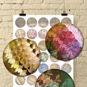 Fantasy Floral Fabric 1.5 Inch Circles / Printable Abstract Digital Collage Sheet / Colorful Round Images for Crafts // Instant Download image 1