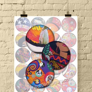 WOODSTOCK FESTIVAL 1969 / 2 Inch Circle Digital Collage Sheet / Peace Love Music Hippie Art for Crafts / Printable Vintage Images Download image 1