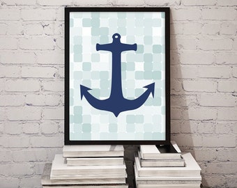 Anchor Decor, Blue Geometric Nautical Print, Navy Blue Anchor Wall Art, Printable Anchor Art, Geometric Print, Navy Blue Squares // DOWNLOAD