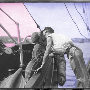 1930 Vintage Photograph: Man and Woman Kissing Across Two Vessels * Digital Print, Ephemera, Wall Decor * Download Instantly, Print & Hang!