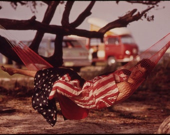 Printable Photography "American Dreams" 1975 Vintage Photograph, Print * Boy Sleeping on Hammock Wrapped in American Flag * Poster Downloads