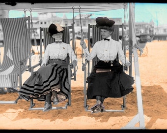 1905 Atlantic City Beach * Vintage Colorized Digital Postcard of Two 1900's Women Clothed at the Beach * Printable, Instant Download