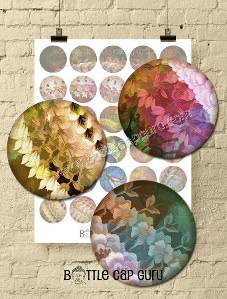 Fantasy Floral Fabric 1.5 Inch Circles / Printable Abstract Digital Collage Sheet / Colorful Round Images for Crafts // Instant Download image 1