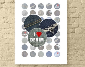 I LOVE DENIM / Assorted Jeans Digital Collage Sheet Round 1 Inch for Jewelry and Crafts / Printable Bottle Cap Images // Instant Download