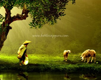 Beautiful Picture of  Shepherd & Sheep in Forest Sunlight / Digital Photo Download / Printable Wall Art Decor / 12x9 Nature Photography