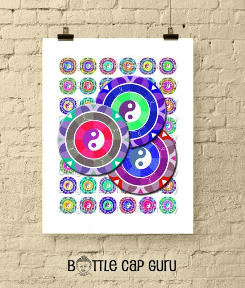 Yin Yang Mandala Colorful 1 Inch Round Digital Collage Sheet for Jewelry, Scrapbooks and Crafts Printable Instant Download image 1