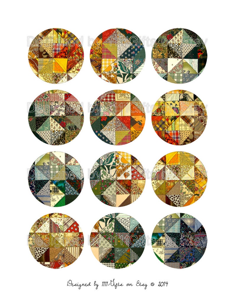 2 Inch Colorful Patchwork and Quilt Designs / Round Abstract Digital Collage Sheet for Tags, Jewelry, Crafts // Printable, Instant Download image 2