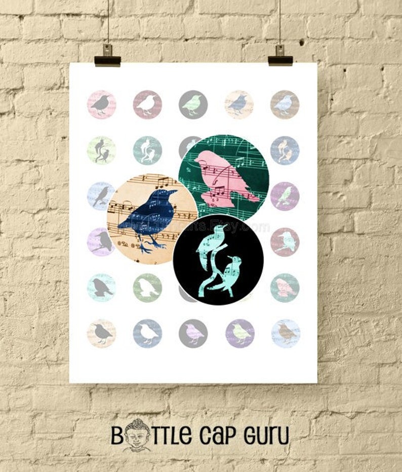 Songbirds 1 Inch Circle Digital Downloads 1 Inch Printable Birds with Music Notes Digital Collage Sheet for Crafts Instant Download image 1