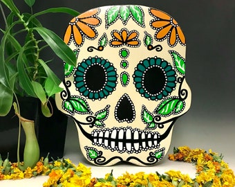 Sugar Skull • Handpainted Wall Hanging • Dia De Los Muertos/Halloween • 14”