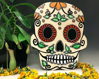 Sugar Skull • Handpainted Wall Hanging • Dia De Los Muertos/Halloween • 14”