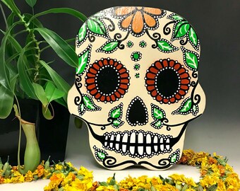 Sugar Skull • Handpainted Wall Hanging • Dia De Los Muertos/Halloween • 14”