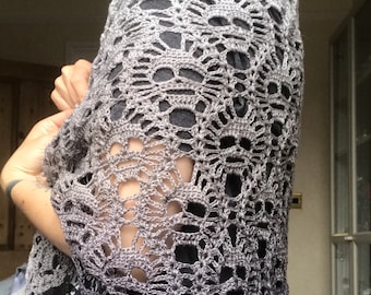 Skulls shawl. Black gradient grey/white crochet unique scarf handmade.