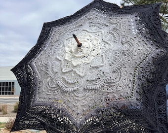 Handmade Crocheted Parasol - black and white gradient ombre - perfect for Cosplay or a wedding or a fancy Sunday afternoon