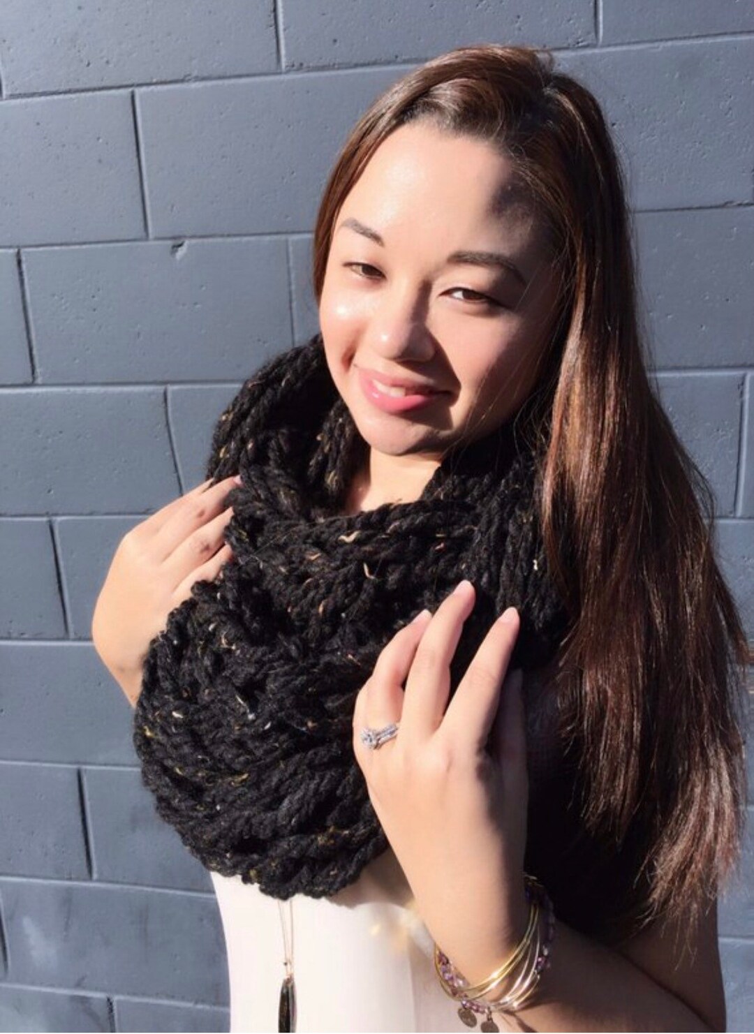 Handmade Super Bulky Arm Knitted Infinity Scarf Black - Etsy