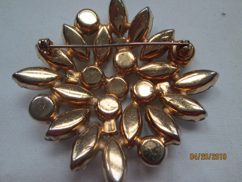 Pink AB Rhinestone Brooch All Prong Set Gold Plate Setting