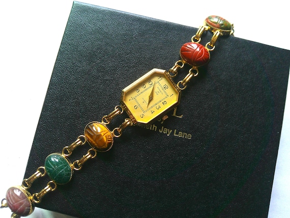 KJL Kenneth Jay Lane Scarab Stone Gold Plated Wat… - image 1