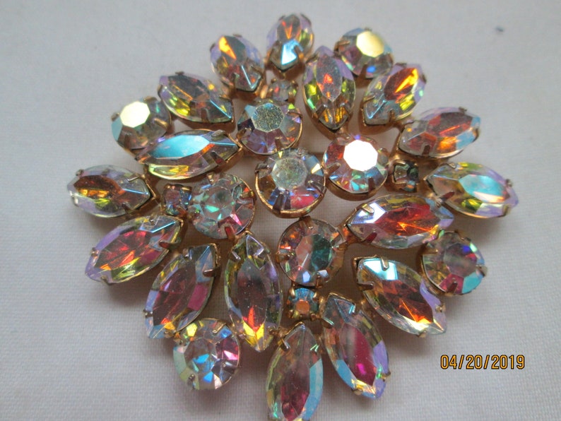 Pink AB Rhinestone Brooch All Prong Set Gold Plate Setting