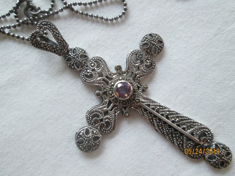 Amethyst Marcasite Sterling 3 Cross Pendant 20 Necklace