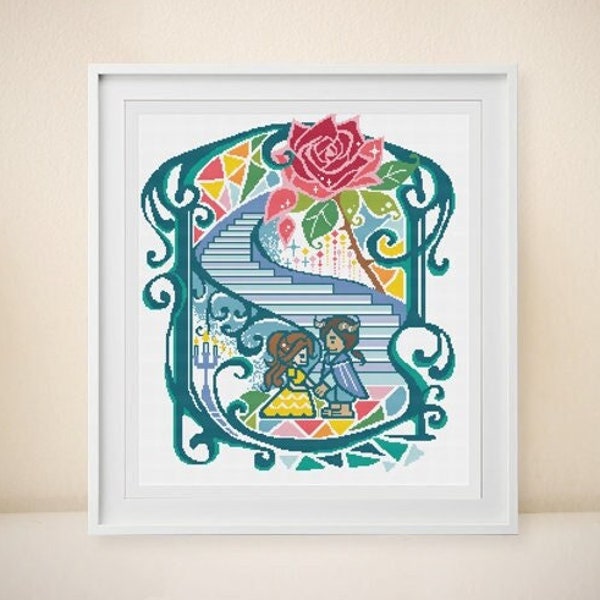 Beauty and the Beast Rose Princess Modern Cross Stitch Pattern - Belle cross stitch - Fairy Tales Series - Instant Download