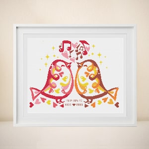 Wedding Cross stitch Pattern- Customizable - Modern pattern - Singing Birds - Love Birds Series－ PDF － DIY － instant download