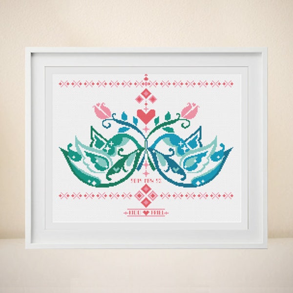 Wedding Cross stitch Pattern- Customizable - Modern pattern - Kissing Birds - Love Birds Series－ PDF － DIY － instant download