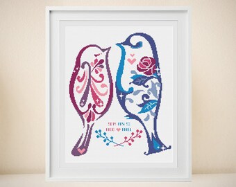 Wedding Cross stitch Pattern- Customizable - Modern pattern - Rose Birds - Love Birds Series－ PDF － DIY － instant download