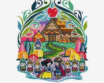 Snow White & Seven Dwarfs Cross Stitch Needlepoint Pattern : Fairytale Princess Embroidery (PDF)