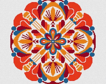 Red Flower Mandala Cross Stitch Pattern: Detailed Floral Design (PDF)