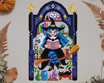 Reading Witch Cross Stitch Pattern: Halloween Bookstore Embroidery (PDF & Saga File)