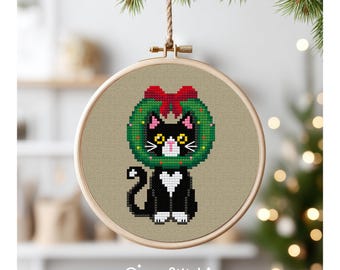Christmas Tuxedo Cat Cross Stitch Needlepoint Pattern: Small Easy Ornament Pattern