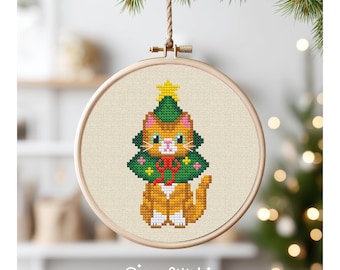 Christmas Ginger Orange Cat Cross Stitch Needlepoint Pattern : Small Easy Ornament Pattern