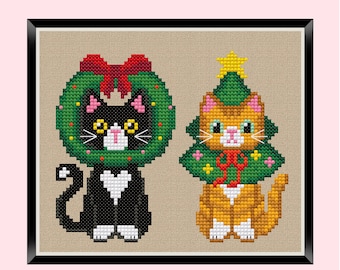 Christmas Cats Cross Stitch Needlepoint Pattern : Tuxedo and Ginger / Orange Cat ( Small Easy Pattern)
