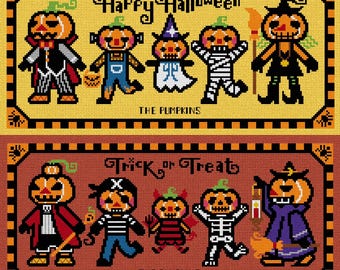 Halloween Cross Stitch Pattern: Ghost Pumpkin Family Portrait (PDF Download)