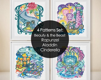 Beauty Rapunzel Aladdin Cinderella Set Princess Modern Cross Stitch Pattern - Fairy Tales Series - Instant Download