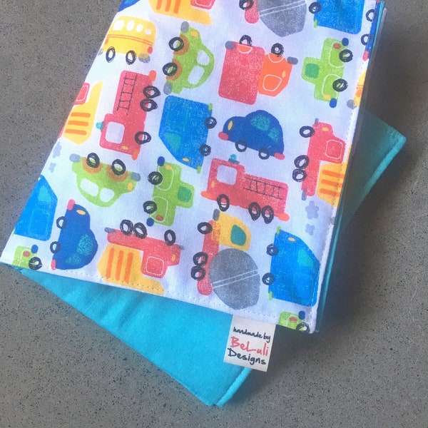 Baby or toddler Changemat/Tummy mat. Bright Coloured Vehicles fabric design.Custom made to create a unique item for you & baby.Made to order