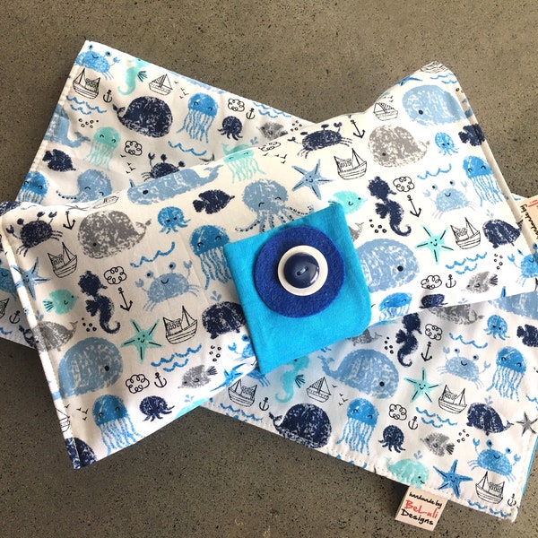 Baby or toddler Nappy Wallet/Changemat. Blue Ocean Life fabric design.Custom made to create a unique item for you & baby. Made to order.