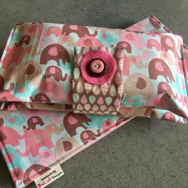 Baby or toddler Nappy Wallet/Changemat. Pink Elephant Splash design. Custom made to create a unique item for you & your baby.Made to order.