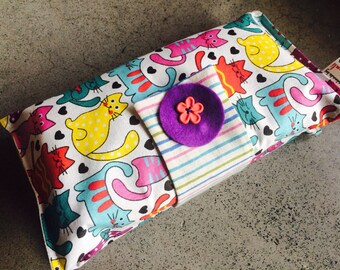 Baby or toddler funky nappy wallet. Cartoon Cats fabric design. Custom made to create a unique item for you & your baby. Made to Order.