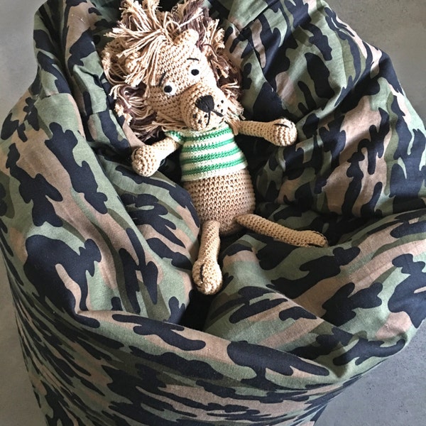 Kids Bean Bag. Camouflage lined fabric bean bag. Coordinate it with bedroom accent colours. Multiple seating options. Made to Order.