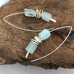 Handcrafted Raw Aquamarine Threader/Swing Stacking Silver Earrings, gifts for her, OOAK