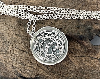 Sun & Moon Compass Silver Wax Seal Pendant, gift for him or her