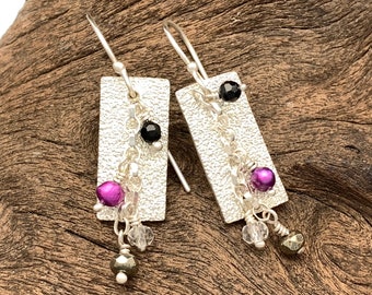 Rectangular Sterling Silver Gemstone Dangly Earrings, gifts for her