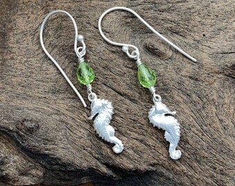 Peridot Seahorse Earrings in Sterling Silver