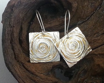 Geometric Square Fine Silver Swirl Earrings with Gold Patina