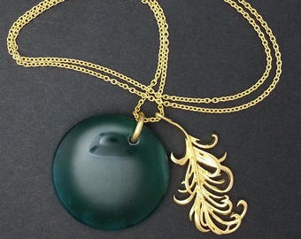Green Agate Domed Gemstone & Vermeil Feather Pendant